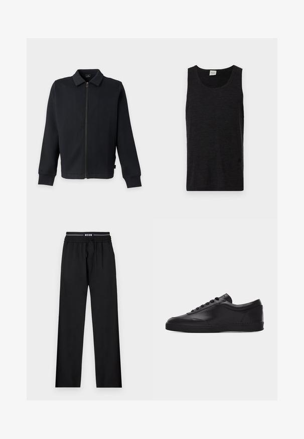 Veste noire zippée avec col et manches longues, avec poches latérales et fermeture éclair frontale.; Débardeur noir sans manches en matériau texturé. Doté d'un col rond et d'un accent logo discret près de l'ourlet. Design simple.; Pantalons noirs à coupe décontractée, taille élastique, cordon de serrage ajustable et poches latérales. Fabriqués en tissu lisse sans motifs.; Baskets basses en cuir noir avec lacets sur le devant et semelle en caoutchouc plate, vues de côté sur un fond blanc uni.