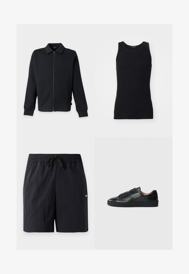 Zwarte jas met rits, kraag en lange mouwen, voorzien van zijzakken en een rits aan de voorkant.; Zwarte tanktop gemaakt van een gladde, rekbare stof. Heeft een ronde halslijn en geen mouwen, met een slim fit en een eenvoudig ontwerp.; Zwarte zwembaden met een textuurstof, voorzien van een elastische tailleband met trekkoord en een klein logo aan de zijkant.; Zwarte leren sneaker met een gladde textuur, ronde neus en vetersluiting. Heeft een dikke rubberen zool en minimale merkaanpassing.