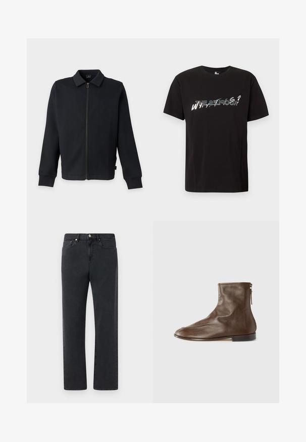 Sort lynlåstrøje med krave og lange ærmer, med sidelommer og lynlåslukning foran.; Sort, kortærmet t-shirt med rund hals og lagdelt tekstdesign med ordene "THE KOOPLES?" og "WHY?" i hvidt og gråt tværs over brystet.; Sorte denimjeans med et lige bendesign, fem lommer og metalhardware-accenter. Stoffet har en glat, let struktureret finish.; Brun læderankelsk boot med en glat overflade, rund tå, lav hæl og en side-lynlås. Har en subtil sømme detalje foran.
