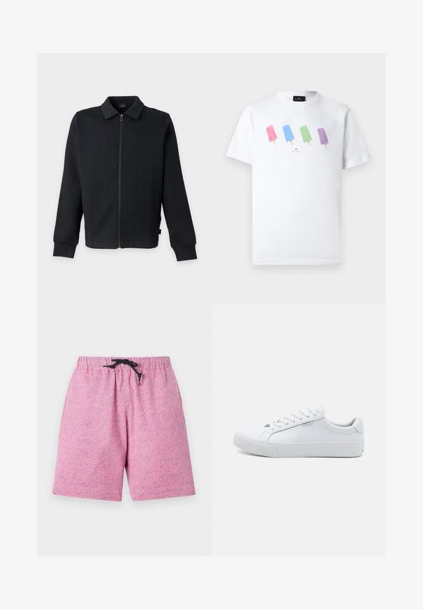 Veste noire zippée avec col et manches longues, avec poches latérales et fermeture éclair frontale.; T-shirt blanc à manches courtes avec quatre illustrations colorées de glaces en rose, bleu, vert et violet sur la poitrine, accompagné d'un petit texte de la marque en dessous.; Shorts de bain roses à motifs avec une taille élastique et un cordon noir. Le matériau semble léger avec une surface texturée.; Baskets blanches en cuir avec une finition lisse, design bas, bout rond et semelle plate en caoutchouc. Dotées de lacets plats et d'une signalétique minimale.