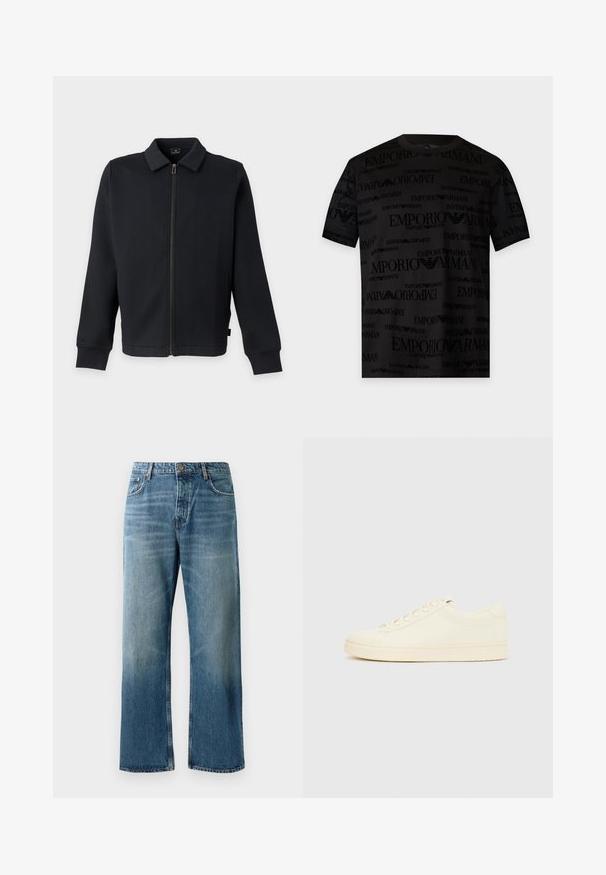 Veste noire zippée avec col et manches longues, avec poches latérales et fermeture éclair frontale.; T-shirt noir à manches courtes avec logos et textes Emporio Armani répétés dans différentes orientations sur le tissu.; Jeans oversize bleu clair avec un délavage, featuring une fermeture à un bouton, cinq poches et des coutures contrastées.; Baskets couleur crème avec une tige en cuir lisse, bout arrondi, laçage à l'avant et semelle en caoutchouc texturée. Design minimaliste, sans logo.