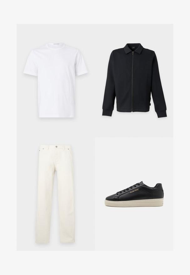 Zwarte jas met rits, kraag en lange mouwen, voorzien van zijzakken en een rits aan de voorkant.; Witte katoenen t-shirt met een ronde hals en korte mouwen. Gladde textuur, rechte snit en minimalistisch ontwerp zonder patronen of accenten.; Witte recht gesneden jeans van denim, voorzien van een gulp met knopen, riemlussen en vijf zakken. De stof heeft een gladde textuur.; Zwarte leren sneaker met een gladde afwerking, contrasterende crèmekleurige zool, ronde neus, gouden logo aan de zijkant en zes gaatjes voor veters.