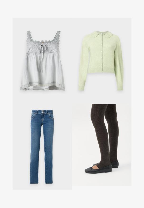 Cárdigan de manga larga color verde claro con botones, con un cuello suave con volantes y puños y dobladillo acanalados.; Top de tela gris con ribete de encaje y detalles decorativos. Presenta un lazo en la parte delantera y una forma suelta y fluida. Tirantes finos.; Pantalones vaqueros de mezclilla azul con corte recto, cinco bolsillos y cierre de dos botones. Presentan una textura suave y costuras en contraste.; Piernas con leggings oscuros acanalados combinados con bailarinas negras que presentan pequeños detalles de lazo sobre un fondo blanco.