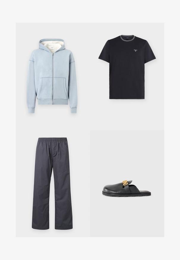 Hellblauer Kapuzenpullover mit Reißverschluss, Fronttaschen und Kapuze, dargestellt vor einem schlichten weißen Hintergrund.; Schwarzes T-Shirt mit kurzen Ärmeln und Rundhalsausschnitt, grauem Besatz am Kragen und kleinem weißen Barbour-Logo auf der linken Brust.; Dunkelgraue, locker sitzende Hose mit elastischem Bund, geraden Beinen und leichtem Stoff, geeignet für die Freizeit.; Schwarze Leder-Mules zum Hineinschlüpfen mit einem goldfarbenen, dekorativen Riemen und einer niedrigen, strukturierten Gummisohle auf einem einfarbigen Hintergrund.