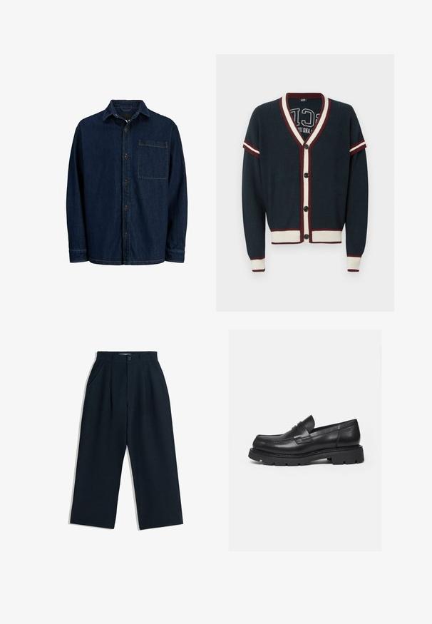 Mørkeblå cardigan med V-hals, creme- og bordeauxfarvet stribet kant, knaplukning med to knapper og ribbestrik på ærmerne og forneden.; Mørk denim skjorte med lange ærmer, spids krave og brystlomme. Har brune knapper og gule syninger som detaljer.; Marineblå vidde bukser med folder, sidelommer, bæltestropper, knaplukning og lynlåsgylpter, lagt fladt på hvid baggrund.; Sort læderloafer med tyk rillede sål og penny-remdetalje, vist i højre sideprofil på hvid baggrund.