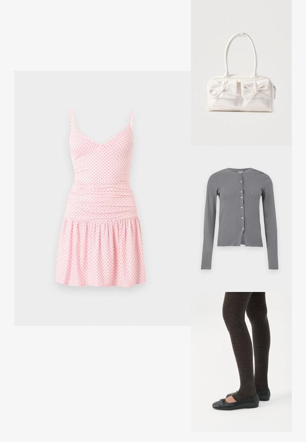 Gray long-sleeve button-up cardigan with subtle vertical ribbed and eyelet knit pattern, crew neck, and white buttons down the center front.; Light pink sleeveless dress with thin straps and small black polka dots, featuring a fitted waist and gathered skirt.; Legs wearing dark ribbed leggings paired with black ballet flats featuring small bow details on a white background.; White synthetic handbag with two front pockets, each featuring a tied bow detail. Smooth texture, rounded handles, and zip closure.