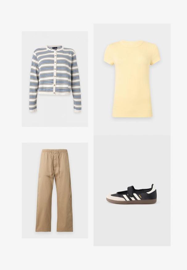 Cardigan blanc à manches longues avec rayures horizontales bleues et noires, devant boutonné, col rond et poignets et ourlet côtelés.; T-shirt à manches courtes et col rond en jaune pâle uni, tissu lisse, coupe régulière, présenté sur un fond gris clair.; Pantalon marron clair à coupe ample avec taille élastique et cordon à l’avant, en tissu léger, présenté sur un fond uni.; Baskets noires et beiges avec une bride en velcro, trois bandes blanches sur le côté, et une semelle en caoutchouc marron texturée. Logo de la marque visible.