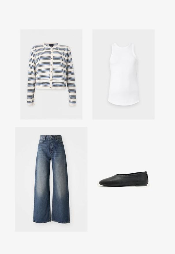 Hvid cardigan med lange ærmer, blå og sorte vandrette striber, knaplukning foran, rund hals og ribstrikkede manchetter og kant.; Hvid ærmeløs ribbet tanktop med rund halsudskæring og buet kant, vist på en ensfarvet lysegrå baggrund.; Blå højtaljede vide bukser med frontknap og lommer, falmet tekstur på lårerne og lige kant.; Sort læderflad sko med rundet tå og lav hæl, designet til afslappet eller formelt brug.
