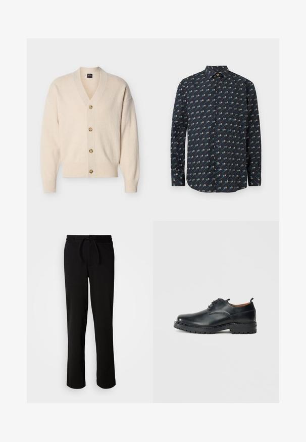 Beige strikket cardigan med V-hals, lange ærmer, ribbede manchetter og kant samt fire lysebrune knapper ned foran.; Herre-langærmet skjorte med knapper, sort baggrund og lille blomstermønster med hvide og gule margueritter.; Sorte sweatpants med snor i taljen, lavet af blødt og strækbart stof. Har en afslappet pasform med lige ben og uden synlige lommer.; Sorte læder derby-sko med en glat overflade, rund tå, snøre-design og en tyk, robust gummisål.