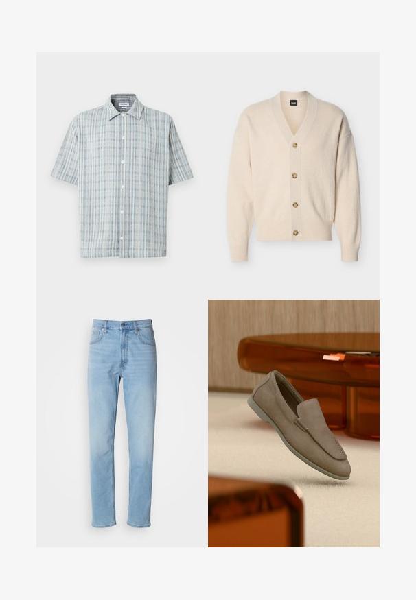 Beige strikket cardigan med V-hals, lange ærmer, ribbede manchetter og kant samt fire lysebrune knapper ned foran.; Kortærmet skjorte med knapper, blå og hvid ternet mønster, spredt krave og hvide knapper ned foran.; Lys blå denim jeans med lige pasform, fem lommer og bæltestropper. Stoffet har en glat overflade med en let falmningseffekt.; Beige ruskind slip-on loafer med synlige syninger og lys sål, placeret over cremefarvet tæppe med orange gennemsigtigt møbel i baggrunden.