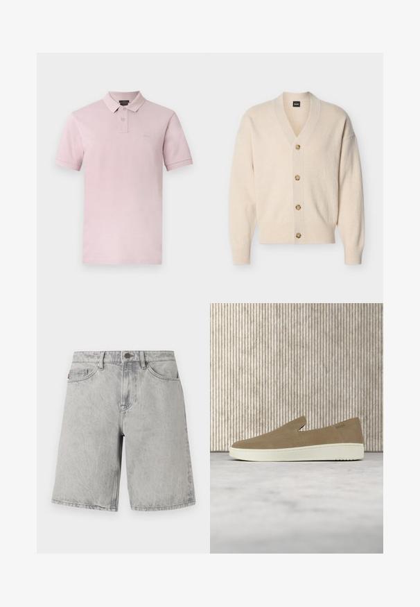 Cardigan beige en maille avec col en V, manches longues, poignets et ourlet côtelés, et quatre boutons marron clair sur le devant.; Polo rose clair à manches courtes avec deux boutons, petit écusson logo sur la poitrine et col classique sur fond blanc.; Shorts en jean gris clair avec fermeture par bouton et fermeture éclair, passants pour ceinture et poches avant, présentés sur un fond blanc.; Chaussure beige sans lacets avec semelle blanche, présentée en suspension sur un tapis clair avec un mobilier transparent de couleur ambre en arrière-plan.