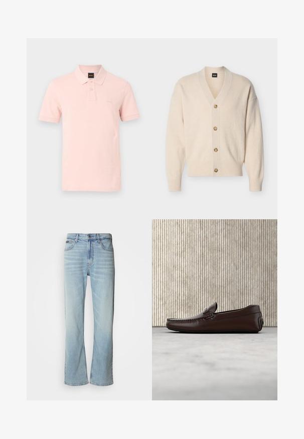 Cardigan beige en maille avec col en V, manches longues, poignets et ourlet côtelés, et quatre boutons marron clair sur le devant.; Polo à manches courtes rose clair avec deux boutons et un petit logo en relief sur le côté gauche de la poitrine.; Jeans en denim bleu clair avec une coupe droite, dotés de cinq poches, d'une fermeture à bouton et d'une légère décoloration sur le tissu.; Mocassins en cuir marron avec une finition lisse, des coutures de style mocassin, un bout rehaussé et une semelle en caoutchouc basse et flexible.