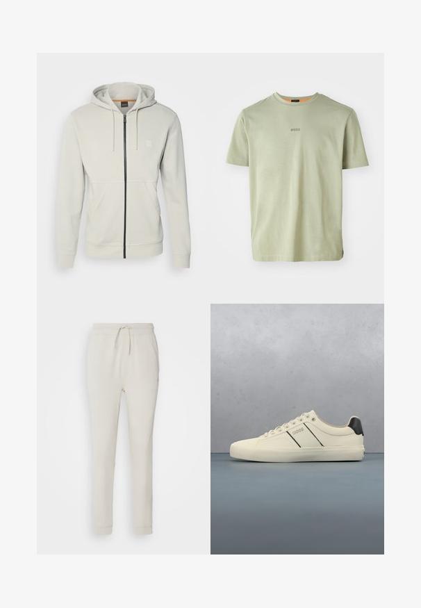 Sudadera de cremallera gris claro en tejido suave. Cuenta con una cremallera negra, capucha ajustable con cordones y dos bolsillos frontales con un logo minimalista.; Camiseta de manga corta verde oliva hecha de tela suave, con un cuello redondo y un pequeño logo "BOSS" impreso en el centro.; Pantalones deportivos de color beige claro, hechos de una suave tela texturizada. Cuentan con una cinturilla con cordón, puños acanalados y bolsillos laterales. Ajuste entallado.; Zapatillas de color crema con una textura suave, que presentan acentos y marcas en negro. Diseño clásico de cordones con punta redonda y suela de goma.