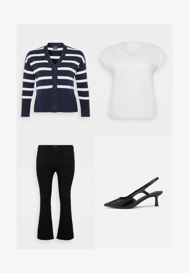 Cárdigan a rayas en azul marino y blanco con escote en V, seis botones, dobladillo y puños acanalados, y bolsillos frontales. Hecho de material de punto suave.; Camiseta blanca de manga corta y escote en V con una sutil textura brillante, que presenta un corte holgado y sin patrones ni acentos visibles.; Pantalones vaqueros de corte acampanado en negro, fabricados en denim, con cierre de botón, cinco bolsillos y una textura suave. Diseño clásico con dobladillo acampanado.; Tacones de slingback negros con punta afilada, hechos de material brillante, que presentan acentos recortados y un tacón moderado para mayor soporte.