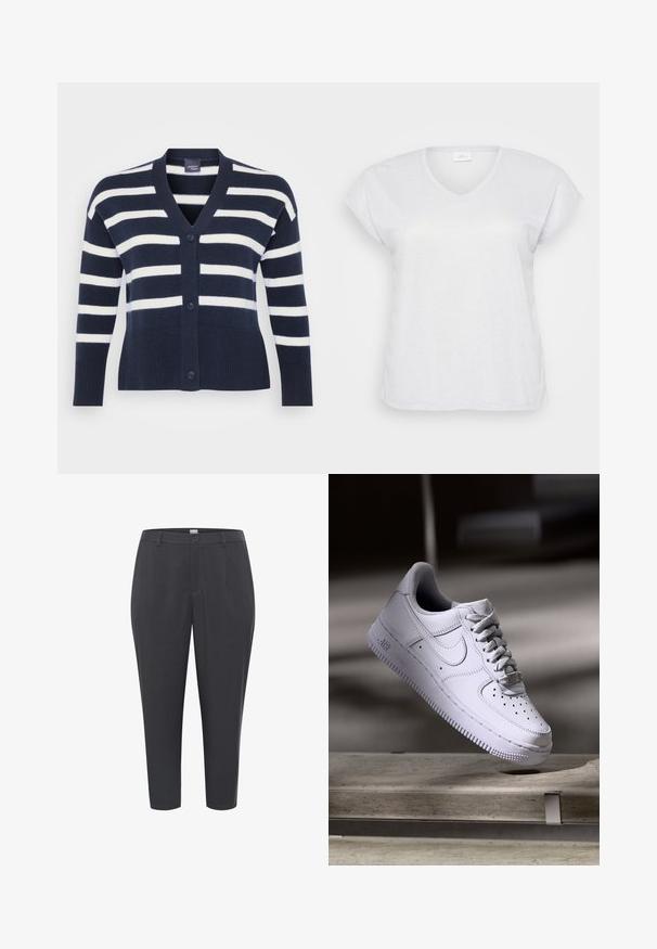 Cardigan rayé bleu marine et blanc avec un col en V, six boutons, ourlets et poignets côtelés, et poches avant. Fabriqué en matériau tricoté doux.; T-shirt blanc à manches courtes et en V avec une texture scintillante subtile, offrant une coupe décontractée et sans motifs ni accents visibles.; Pantalons gris ajustés en tissu lisse. Comprend une fermeture à bouton, des passants de ceinture, et des jambes fuselées avec un ourlet retroussé.; Baskets Nike Air Force 1 blanches lévitant au-dessus d'une surface en béton avec des ombres dans un cadre minimaliste.