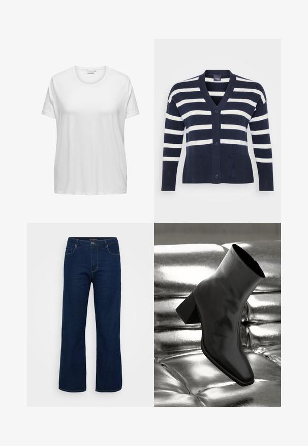 Cárdigan a rayas en azul marino y blanco con escote en V, seis botones, dobladillo y puños acanalados, y bolsillos frontales. Hecho de material de punto suave.; Camiseta de algodón blanca con escote redondo y mangas cortas. Corte relajado con una textura suave y sin patrones ni acentos visibles.; Vaqueros de mezclilla azul oscuro con un diseño de corte recto, que cuentan con una cremallera, cinco bolsillos y detalles de costura visibles.; Botín negro de tobillo hecho de material brillante, con punta cuadrada y tacón cónico, contra un fondo plateado brillante con almohadillado.