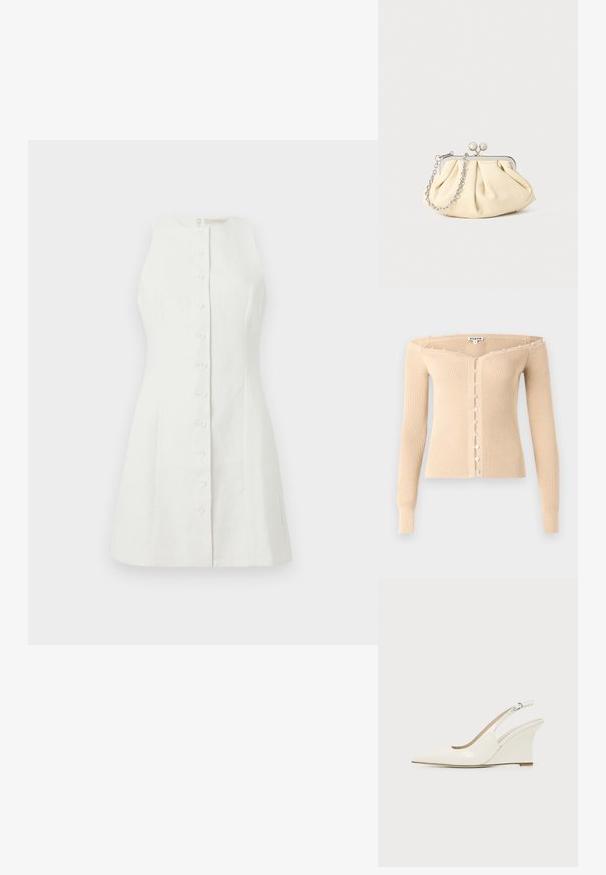 Beige, gerippter Cardigan mit Carmenausschnitt, langen Ärmeln und einer Reihe kleiner schillernder Knöpfe vorne und entlang des Halsausschnitts.; Weißes ärmelloses Kleid aus Leinen, mit Knopfleiste vorne, figurnaher Passform und feiner Textur, zusätzlich mit einem einfachen Reißverschluss auf der Rückseite.; Weißer Slingback Keilabsatz-Schuh aus Lackleder mit spitzer Schuhspitze und verstellbarem Schnallenriemen vor einfarbigem Hintergrund.; Faltige beigefarbene Ledertasche mit einem silbernen Metallrahmen, ausgestattet mit zwei runden dekorativen Verschlüssen und einem silbernen Kettenriemen.