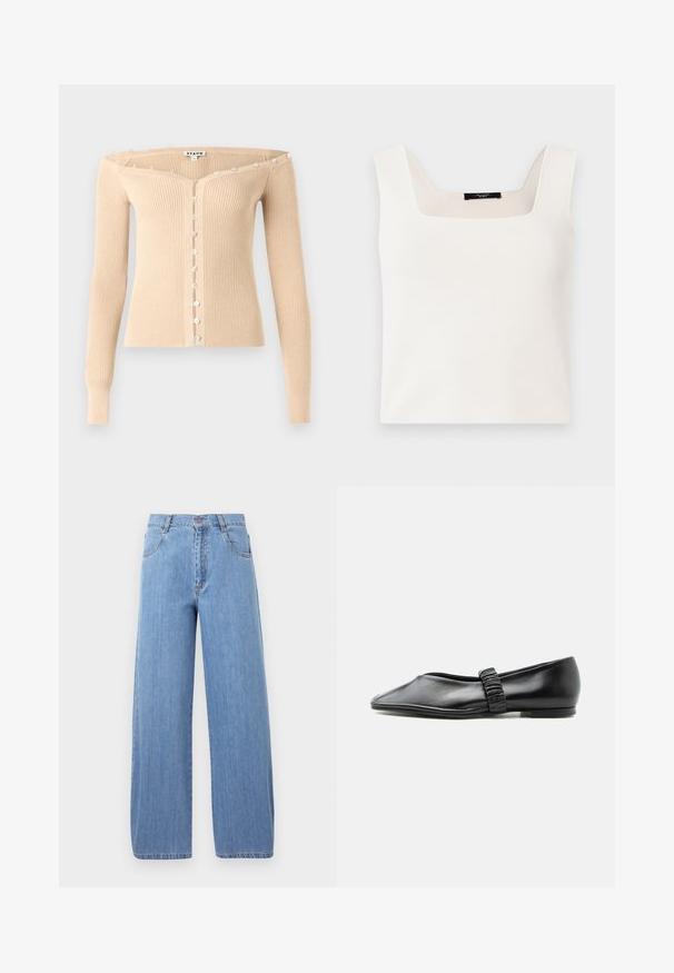 Cardigan beige côtelé à épaules dénudées avec manches longues et une rangée de petits boutons irisés sur le devant et le long de l'encolure.; Haut sans manches blanc avec un décolleté carré, fabriqué à partir d'un tissu lisse et doux. Présente une coupe décontractée et un design minimaliste.; Jeans en denim bleu clair à jambes larges, dotés d'une taille haute, de poches avant et de détails de couture subtils sur les coutures.; Chaussure plate en cuir noir avec une bride froncée sur le dessus et un bout légèrement pointu, présentée sur un fond uni.