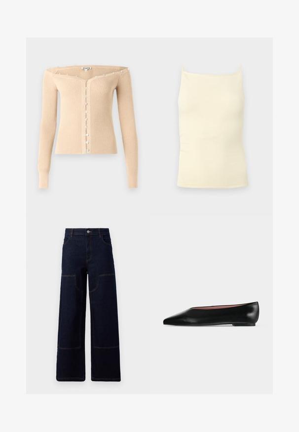 Beige geribbelde off-shoulder cardigan met lange mouwen en een rij kleine iriserende knopen aan de voorkant en langs de halslijn.; Roomkleurige geribbelde gebreide camisetetop met dunne bandjes en een rechte halslijn op een neutrale achtergrond.; Donkerblauwe wijde denim jeans met voorpatchzakken en contrasterend oranje stiksel, knoopsluiting bij de taille.; Zwarte leren damesschoen met platte zool, puntige neus en lage hak, zijwaarts afgebeeld tegen een effen lichtgrijze achtergrond.