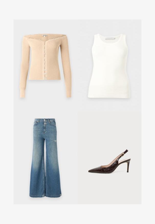 Μπεζ ριμπ πλεκτή ζακέτα τύπου off-shoulder με μακριά μανίκια και μια σειρά από μικρά ιριδίζοντα κουμπιά κατά μήκος του εμπρός μέρους και γύρω από το ντεκολτέ.; Λευκό ριμπ άνευ μανικιών με στρογγυλή λαιμόκοψη, εφαρμοστή γραμμή και ετικέτα επωνυμίας στο εσωτερικό πίσω μέρος του γιακά.; CLOSED GLOW UP - Wide leg - mid blue; Σκούρο καφέ δερμάτινο γυναικείο παπούτσι με τακούνι τύπου slingback, μυτερή μύτη και χρυσή αγκράφα, με ανάγλυφο σχέδιο κροκοδείλου.