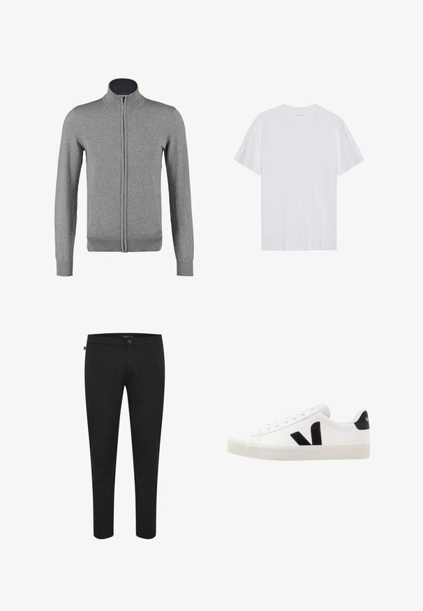 Grå zip-up cardigan med ribbet krave og manchetter, der har en glat tekstur og en tætsiddende form. Ingen synlige mønstre eller accenter.; Hvid bomulds T-shirt med korte ærmer, rund hals og en glat tekstur. Har minimal branding på halsudskæringen.; Sorte bukser lavet af glat stof. Har en knaplukning, bæltesløjfer og et slim fit-design med tapered ben. Ingen synlige mønstre.; Hvide lædersneakers med sorte ruskindsdetaljer; har en gummisål, rund tå og klassisk snørebåndsdesign. Side logo i sort.