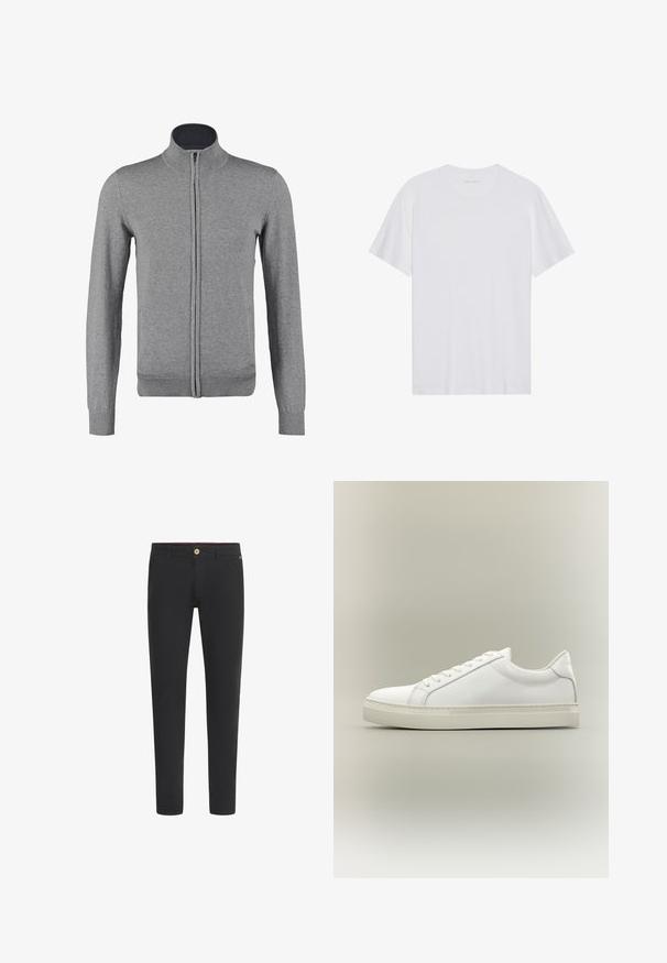 Gilet zippé gris avec un col et des poignets côtelés, offrant une texture lisse et une coupe ajustée. Pas de motifs ni d'accents visibles.; T-shirt en coton blanc à manches courtes, col rond et texture lisse. Présente un branding minimal au niveau du col.; Pantalon noir slim avec passants de ceinture, poches avant et fermeture par bouton à la taille.; Baskets blanches basses à lacets sur l’avant et semelle épaisse, vues de côté sur un fond neutre.