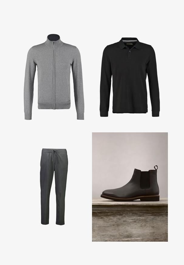 Grau zip-up Cardigan mit geripptem Kragen und Bündchen, der eine glatte Textur und eine taillierte Form aufweist. Keine sichtbaren Muster oder Akzente.; Schwarzes Langarm-Polohemd aus Baumwolle. Verfügt über eine Knopfleiste mit zwei Knöpfen, einen gerippten Kragen und ein dezentes Streifendetail unter dem Kragen.; Graue Leggings mit schmalem Schnitt, ausgestattet mit einem elastischen Bund und einer Kordel zur Anpassung des Tragekomforts. Glatte Textur, minimales Design.; Schwarze Leder Chelsea-Stiefel mit elastischen Seiteneinsätzen und runder Zehenform, ausgestattet mit einer strukturierten Sohle und subtilen Steppnähten, erhöht über einer Holzoberfläche.