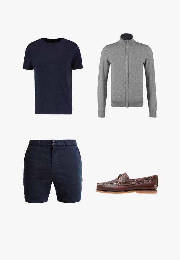Gilet zippé gris avec un col et des poignets côtelés, offrant une texture lisse et une coupe ajustée. Pas de motifs ni d'accents visibles.; Pier One by Zalando T-shirt basique - dark blue; Shorts en coton bleu marine avec un devant plat, une fermeture à bouton et des manches roulées. Texture lisse et design minimaliste avec poches latérales.; Chaussure bateau en cuir marron avec coutures blanches, détails de lacets et semelle en caoutchouc beige, vue de côté sur fond blanc.
