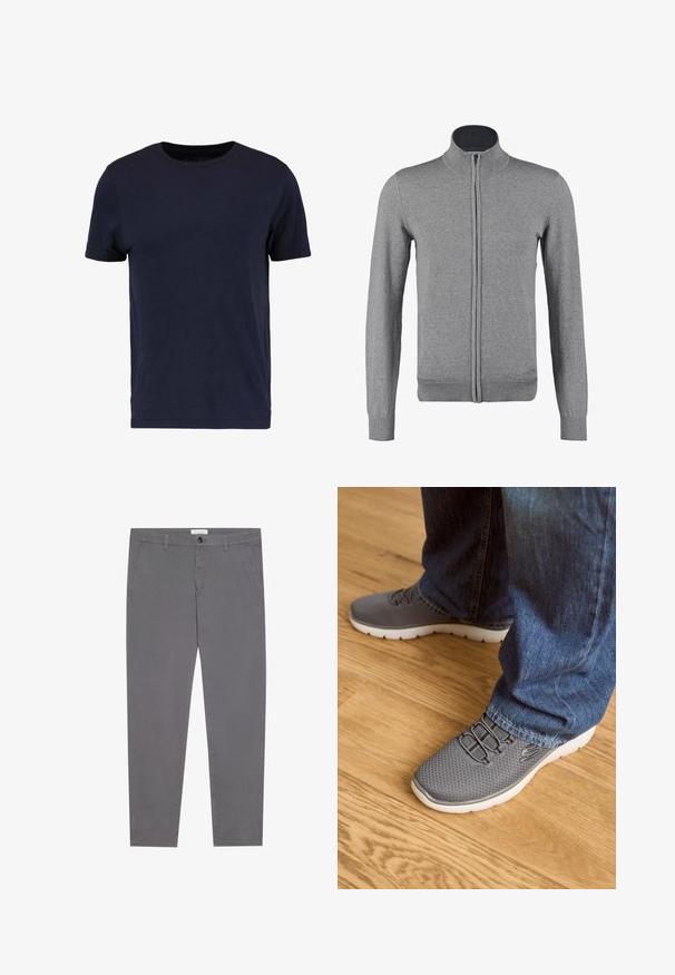 Grå zip-up cardigan med ribbet krave og manchetter, der har en glat tekstur og en tætsiddende form. Ingen synlige mønstre eller accenter.; Pier One T-shirts basic - dark blue; Grå bomuldsbukser med slim fit, der har to forlommer, en enkelt baglomme og en knaplukning i taljen.; Grå løbesko med mesh-overdel, hvid sål og elastiske snørebånd. Parret med blå denimjeans, på et trægulv.