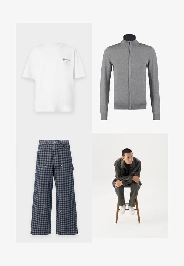 Grå zip-up cardigan med ribbet krave og manchetter, der har en glat tekstur og en tætsiddende form. Ingen synlige mønstre eller accenter.; Hvid kortærmet bomulds T-shirt med lille sort "ALLSAINTS" tekst og japanske tegn trykt på venstre bryst.; Bukser med vide ben i navy og gråt ternet mønster, for- og sidelommer samt en knaplukning ved taljen.; Ung mand i mørk læderjakke og jeans sidder på en træskammel, læner sig fremad med armene krydset og kigger til siden mod hvid baggrund.