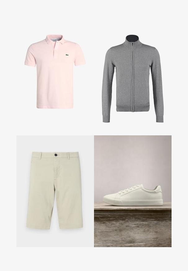Cárdigan gris con cremallera, con cuello y puños acanalados, que presenta una textura suave y una forma ajustada. Sin patrones ni acentos visibles.; Camisa polo de algodón rosa claro con cuello clásico, dos botones y un pequeño logo de cocodrilo verde en el lado izquierdo del pecho. Manga corta.; Pantalones cortos color beige, hechos de una mezcla de algodón ligera, con un frente plano, trabillas para cinturón, cierre de botón y dobladillo a la altura de la rodilla.; Zapatilla blanca con cordones flotando sobre un banco de madera con follaje verde al fondo, mostrando el diseño y la textura del zapato.