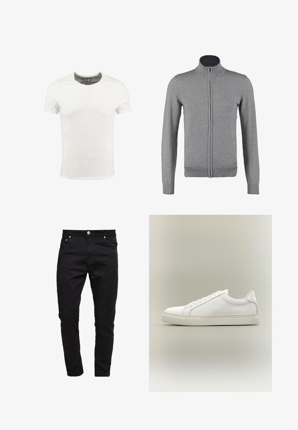 Cárdigan gris con cremallera, con cuello y puños acanalados, que presenta una textura suave y una forma ajustada. Sin patrones ni acentos visibles.; Camiseta de algodón blanca con cuello redondo y mangas cortas, con un diseño liso y una textura suave. Etiqueta visible en el área del cuello.; Jeans negros de tela de mezclilla, diseño ajustado, estilo de cinco bolsillos, cierre de botón metálico, con detalles de costura y una textura suave.; Zapatilla blanca de perfil bajo con cordones en la parte delantera y suela gruesa, mostrada de lado sobre un fondo neutro.