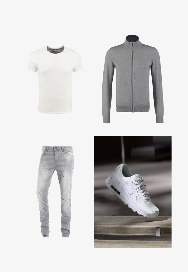 Grijze ritscardigan met een geribbelde kraag en manchetten, met een gladde textuur en een nauwsluitende pasvorm. Geen zichtbare patronen of accenten.; Witte katoenen t-shirt met een ronde halslijn en korte mouwen, voorzien van een eenvoudige ontwerpen en een zachte textuur. Labels zichtbaar in het kraaggebied.; Grijze denim jeans met een slim fit, featuring versleten accenten en verfspatten. Klassiek vijf-pocket ontwerp met een sluiting met een knoop aan de voorkant.; Witte Nike Air Max 90 sneaker met een bovenwerk van mesh en leer, een geperforeerde teenbox en een zichtbare luchtunit in de hiel.
