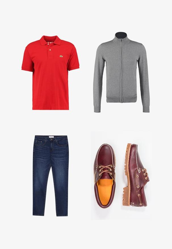 Cárdigan gris con cremallera, con cuello y puños acanalados, que presenta una textura suave y una forma ajustada. Sin patrones ni acentos visibles.; Camisa polo roja de algodón texturizado con cuello clásico, mangas cortas, tapeta de dos botones y un pequeño logo verde en el pecho.; Jeans ajustados de color azul oscuro con cinco bolsillos, cierre de botones y costuras de contraste, etiquetados como Pier One en la cinturilla.; Zapatos de cuero burdeos con suelas de goma marrón, puntera redonda, costuras blancas y ojales dorados. El interior cuenta con un forro amarillo.