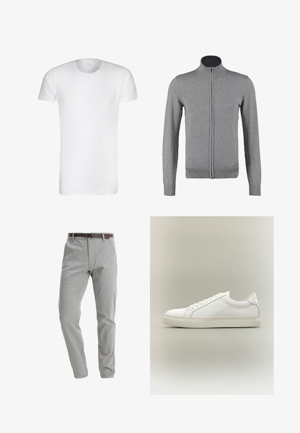 Grau zip-up Cardigan mit geripptem Kragen und Bündchen, der eine glatte Textur und eine taillierte Form aufweist. Keine sichtbaren Muster oder Akzente.; Weißes T-Shirt mit kurzen Ärmeln, aus weicher Baumwolle, mit Rundhalsausschnitt und geradem Saum. Keine sichtbaren Muster oder Verzierungen.; Helle graue Hose aus weichem Stoff, mit geradem Bein-Design, vorderen Taschen und einem braunen Ledergürtel zum Verschließen.; Weißer Sneaker mit niedrigem Schaft, vorn mit Schnürung und dicker Sohle, aus der Seitenansicht vor neutralem Hintergrund.