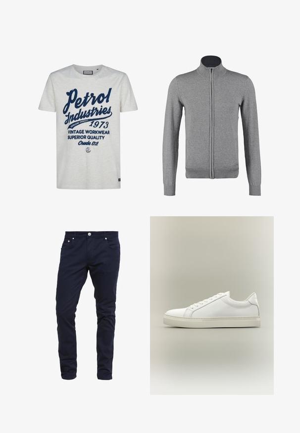 Grå zip-up cardigan med ribbet krave og manchetter, der har en glat tekstur og en tætsiddende form. Ingen synlige mønstre eller accenter.; Hvid t-shirt med korte ærmer, der har marineblå trykt tekst. Designet inkluderer "Petrol Industries," "1973," og accenter som "Genuine Product."; Marineblå slim-fit bukser lavet af bomuldsblandingsstof, med knaplukning, fem lommer og diskrete syninger.; Hvid lavtop sneaker med snørebånd foran og tyk sål, vist fra siden mod en neutral baggrund.