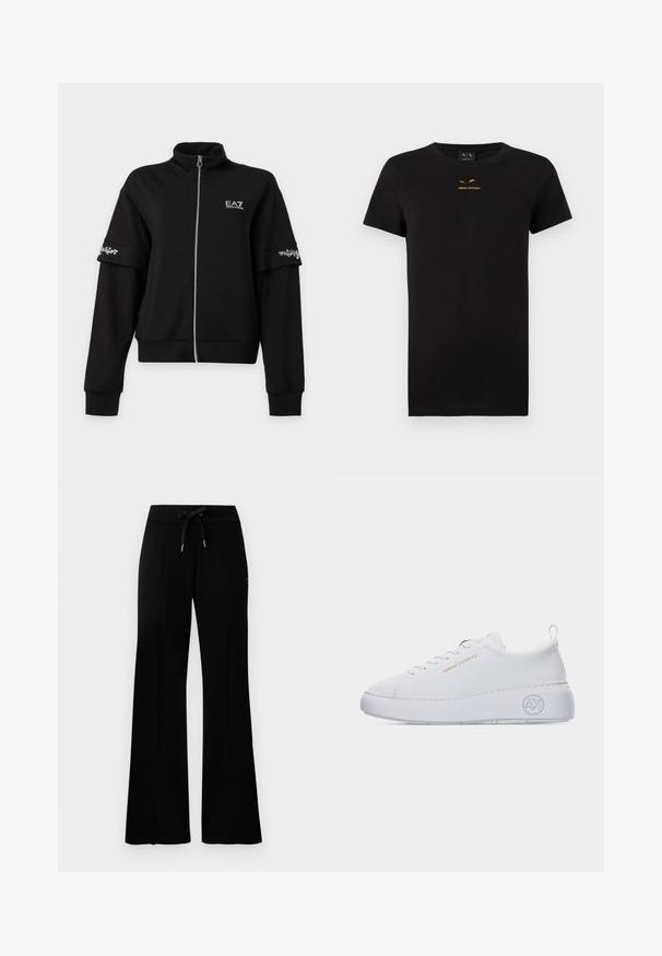 Chaqueta negra con cremallera, cuello alto, mangas largas, logo blanco EA7 en el pecho y bandas con estampado floral blanco en los brazos superiores.; Camiseta negra de manga corta hecha de algodón. Presenta un logo dorado impreso en el pecho. Diseño clásico de cuello redondo. Textura suave.; Pantalones de chándal anchos y negros con cintura elástica y cordón, acentos de abertura lateral, tela suave y un diseño elegante.; Zapatilla blanca de corte bajo con suela gruesa, texto dorado "Armani Exchange" en el lateral y logotipo "AX" en relieve en el área del talón.