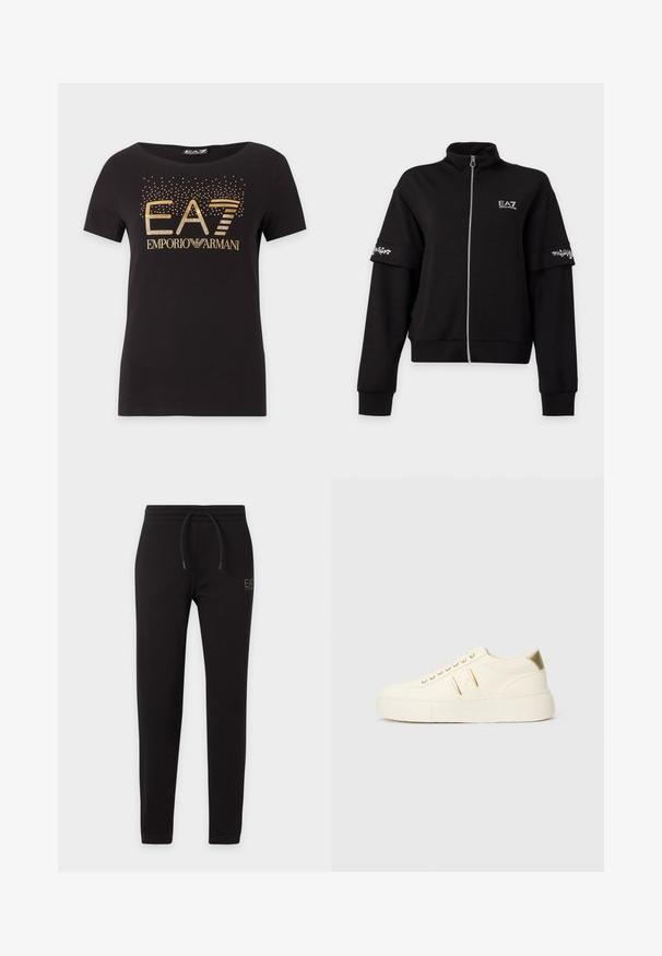 Svart jakke med glidelås, høy krage, lange ermer, hvit EA7-logo på brystet og hvite blomstertrykk bånd på overarmene.; Svart T-skjorte med korte ermer med gullfarget EA7 Emporio Armani-logo og spredte små gullfargede prikker over teksten foran.; Svarte slim-fit joggebukser med elastisk midje og snøring, med liten "EA7 Emporio Armani" logo på venstre lår.; Kremfargede lave sneakers med gullakenter, snørebånd og preget "Armani Exchange" merkevare på sålen og sidepatchen.