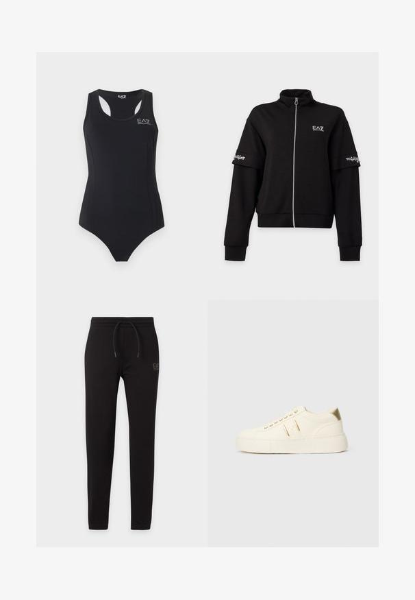 Veste noire zippée avec col haut, manches longues, logo EA7 blanc sur la poitrine et bandes imprimées florales blanches sur les bras supérieurs.; Maillot de bain une pièce noir sans manches avec dos nageur et logo blanc EA7 Emporio Armani sur la poitrine.; Pantalon de survêtement noir slim avec taille élastique et cordon, avec petit logo "EA7 Emporio Armani" sur la cuisse gauche.; Baskets basses de couleur crème avec des accents dorés, des lacets et un marquage « Armani Exchange » en relief sur la semelle et le patch latéral.