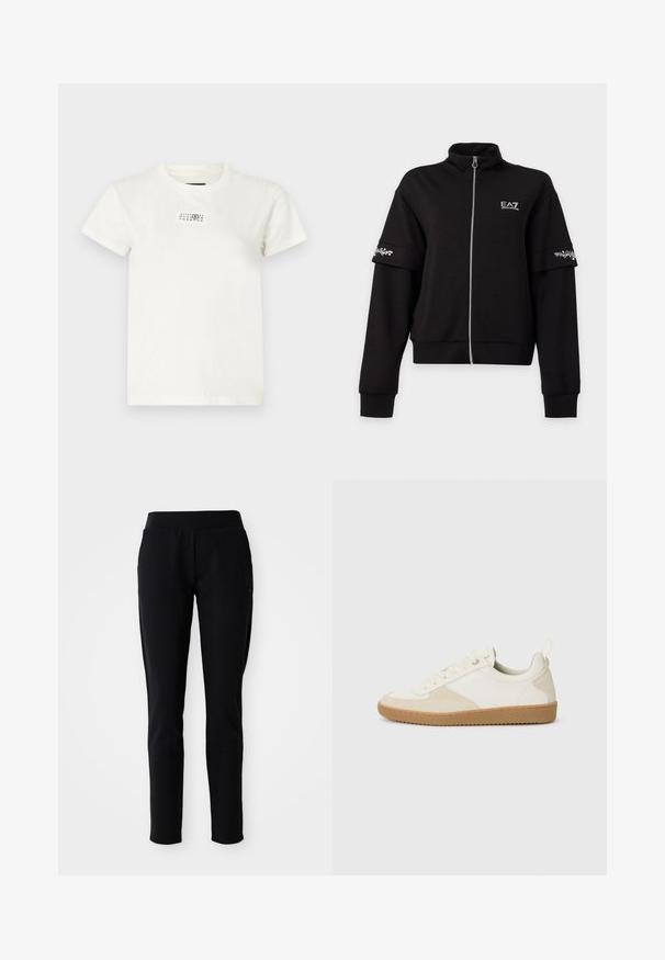 Sort lynlåstrøje med høj krave, lange ærmer, hvidt EA7-logo på brystet og hvide blomsterprintbånd på overarmene.; Hvid bomulds T-shirt med korte ærmer, rund halsudskæring og en rektangulær sort trykt label foran med tal og symboler.; Sorte atletiske bukser med en tætsiddende silhuet, elastisk talje og sidelommer med en diskret logo-detalje på venstre ben.; Hvide sneakers lavet af læder og ruskind, med en tekstureret overflade, rund form og gummisål. Snørebåndsdesign med pull tab.