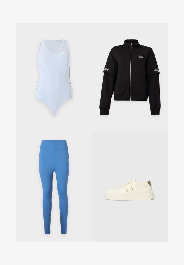 Veste noire zippée avec col haut, manches longues, logo EA7 blanc sur la poitrine et bandes imprimées florales blanches sur les bras supérieurs.; Justaucorps de sport bleu clair sans manches avec dos nageur et petit logo blanc EA7 sur le haut du côté gauche de la poitrine.; Leggings bleus taille haute en matériau extensible. Présentent une texture lisse avec un petit détail de logo sur la cuisse.; Baskets basses de couleur crème avec des accents dorés, des lacets et un marquage « Armani Exchange » en relief sur la semelle et le patch latéral.