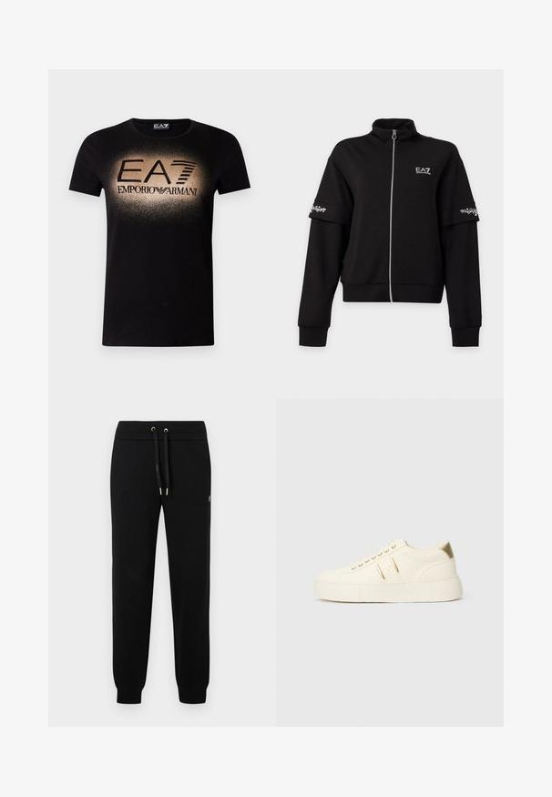 Svart jakke med glidelås, høy krage, lange ermer, hvit EA7-logo på brystet og hvite blomstertrykk bånd på overarmene.; Svart bomulls-T-skjorte med et gradient gulllogo-design og teksten "EA7 EMPORIO ARMANI" i fet skrift over brystet. Kortermet.; Sorte joggebukser med elastisk liv, justerbar snor, ribbestrikkede mansjetter og diskret logo detalj på siden av benet.; Kremfargede lave sneakers med gullakenter, snørebånd og preget "Armani Exchange" merkevare på sålen og sidepatchen.