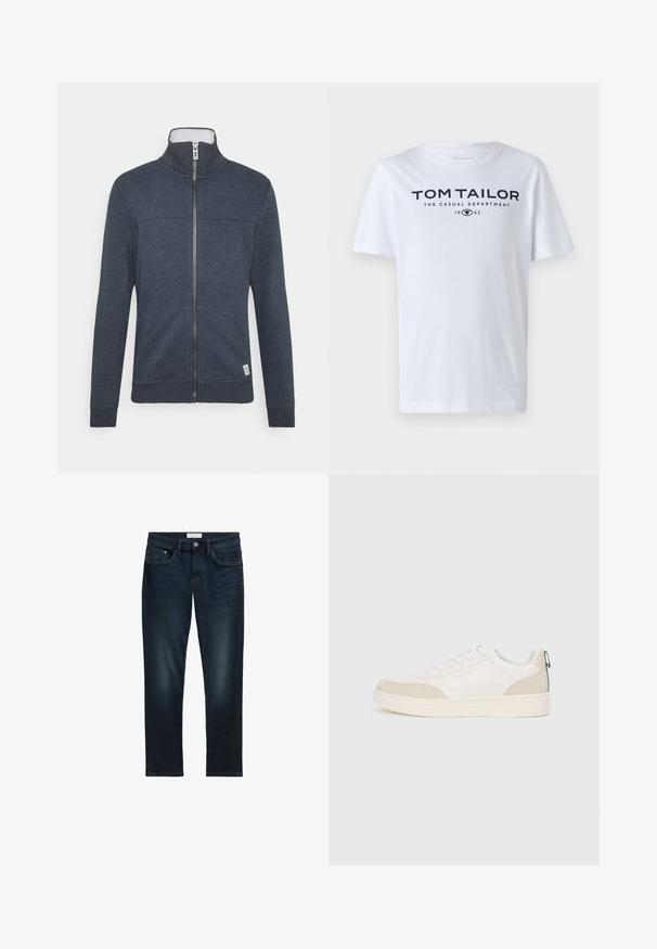 Mørkeblå zip-jakke med høj krave, ribstrikkede manchetter og kant. Lavet af blødt materiale med subtil tekstur og et lille logo nederst.; Hvid bomulds t-shirt med rund hals, korte ærmer og navy tekst, der læser "TOM TAILOR THE CASUAL DEPARTMENT 1962."; Mørkeblå denim jeans med slim fit, der har fem lommer, knaplukning og diskret falmning foran for tekstur.; Hvide sneakers med beige ruskind detaljer, flade snørebånd og en tekstureret gummisål. Inkluderer en grøn løkke på hælen.