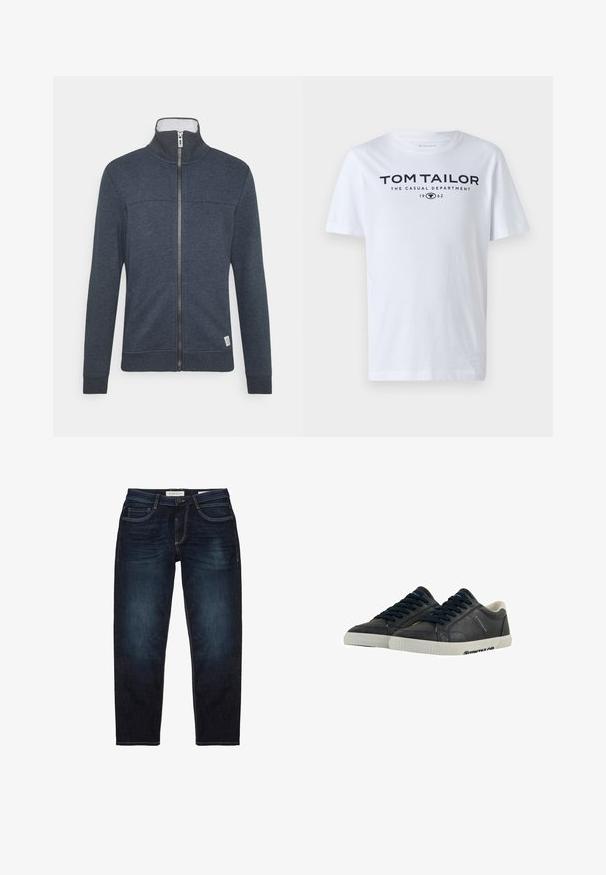 Dunkelblaues Zip-Up-Jacket mit hohem Kragen, gerippten Bündchen und Saum. Hergestellt aus weichem Material mit subtiler Textur und einem kleinen Logo am Saum.; Weißes Baumwoll-T-Shirt mit Rundhalsausschnitt, kurzen Ärmeln und navyfarbener Schrift, die "TOM TAILOR THE CASUAL DEPARTMENT 1962" lautet.; Dunkelblaue Denim-Jeans mit normaler Passform, ausgestattet mit einem Reißverschluss, fünf Taschen und kontrastierendem gelben Nähten. Insgesamt glatte Textur.; Marineblaue Leder-Sneaker mit weißen Gummisohlen, runder Spitze und schwarzen Schnürsenkeln. Subtile Texturen und Branding an den Seiten. Lässiges Design.