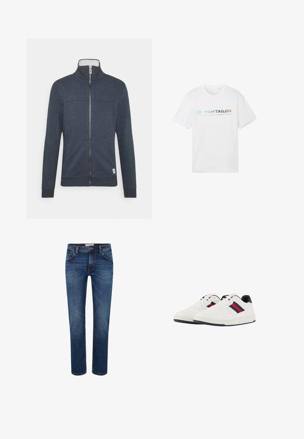 Veste zippée bleu foncé avec un col montant, des poignets côtelés et un ourlet. Fabriquée en matériau doux avec une texture subtile et un petit logo en bas.; T-shirt en coton blanc avec un col rond, des manches courtes et une impression sur le devant : "TOM TAILOR" avec "ESSENTIALS SINCE NINETEEN SIXTY-2."; Jeans en denim de couleur bleu foncé avec une coupe droite, style cinq poches et surpiqûres contrastées. Taille standard avec fermeture à bouton.; TOM TAILOR Baskets basses - white navy