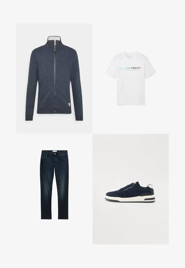 Dunkelblaues Zip-Up-Jacket mit hohem Kragen, gerippten Bündchen und Saum. Hergestellt aus weichem Material mit subtiler Textur und einem kleinen Logo am Saum.; Weißes Baumwoll-T-Shirt mit Rundhalsausschnitt, kurzen Ärmeln und Frontdruck: "TOM TAILOR" mit "ESSENTIALS SINCE NINETEEN SIXTY-2."; Dunkelblaue Denim-Jeans mit slim Fit, ausgestattet mit fünf Taschen, einem Knopfverschluss und subtilen Ausbleichungen auf der Vorderseite für eine strukturierte Optik.; Marineblaue Stricksneaker mit weißen und marineblauen Akzenten, runder Zehenpartie, gepolsterter Sohle und Schnürverschluss. Texturierte Seitenpaneele sichtbar.