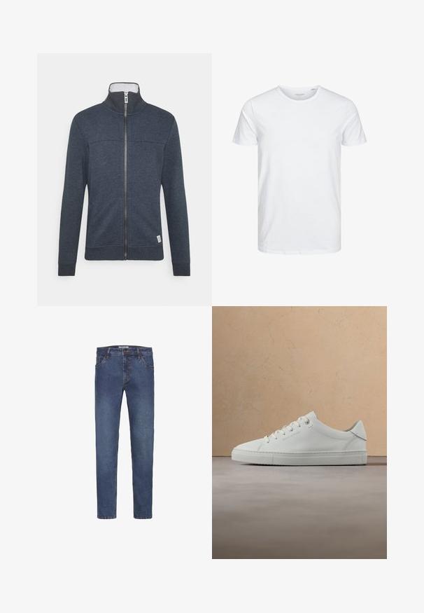 Donkerblauwe zip-up jas met een hoge kraag, ribbels aan de manchetten en de zoom. Gemaakt van een zacht materiaal met een subtiele textuur en een klein logo onderaan.; Ronde hals kortemouwen t-shirt in effen wit, gemaakt van zachte katoen, heeft een eenvoudig ontwerp zonder zichtbare patronen of accenten.; Donkerblauwe denim jeans met een rechte pijp, voorzien van riemlussen, vijf zakken en een contrasterende stiksels langs de naden.; Witte leren lage sneaker met veters, zwevend boven een beige vloerkleed met textuur, vlakbij een ronde houten salontafel met boeken.
