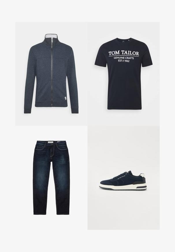 Chaqueta de cremallera azul oscuro con un cuello alto, puños y dobladillo acanalados. Hecha de un material suave con una textura sutil y un pequeño logo en la parte inferior.; TOM TAILOR Camiseta estampada - sky captain blue; Jeans de mezclilla azul oscuro con un ajuste estándar, que presentan una cremallera, cinco bolsillos y costuras amarillas en contraste. Textura suave en general.; Zapatillas de punto azul marino con acentos en blanco y azul marino, punta redondeada, suela acolchada y cierre con cordones. Paneles laterales texturizados visibles.