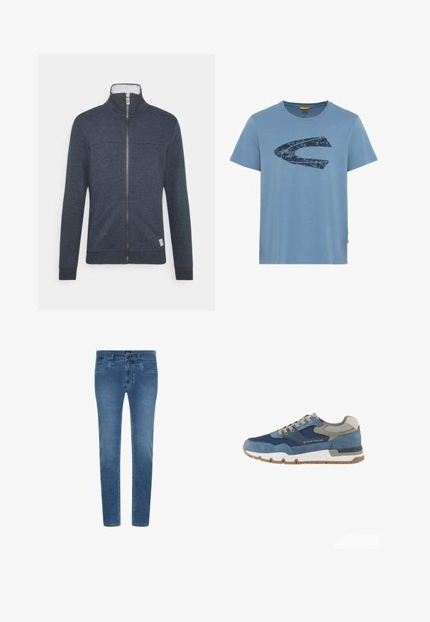Dunkelblaues Zip-Up-Jacket mit hohem Kragen, gerippten Bündchen und Saum. Hergestellt aus weichem Material mit subtiler Textur und einem kleinen Logo am Saum.; Kráfitä bleu Kurzarm-T-Shirt aus Baumwolle, mit einem dunklen grafischen Design in Form eines abstrakten "C" auf der Vorderseite.; Blaue Denim-Jeans mit schmaler Passform, die vordere Taschen, einen Knopfverschluss und dezente Verblassung entlang der Beine aufweisen.; TOM TAILOR LICENCE SNEAKER MIT -BLOCKING - Sneaker low - navy