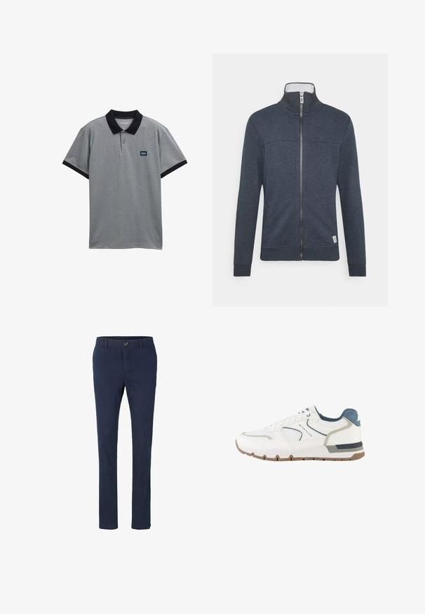 Chaqueta de cremallera azul oscuro con un cuello alto, puños y dobladillo acanalados. Hecha de un material suave con una textura sutil y un pequeño logo en la parte inferior.; Camisa polo gris con cuello y acentos en las mangas en negro. Cuenta con cierre de tres botones y un pequeño parche de logo en el pecho. Tejido de mezcla de algodón.; Pantalones de pierna recta de color azul marino, hechos de algodón. Cierre frontal con botón y trabillas para cinturón. Textura suave sin patrones visibles.; Zapatilla deportiva blanca y gris con detalles en azul, tejido de malla y suela marrón, con la marca "Tom Tailor" en el lateral.
